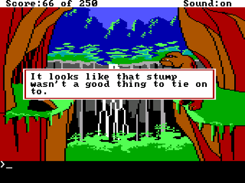 Tie the rope to stump and fall into chasm.
